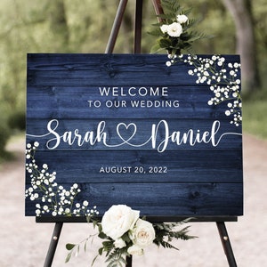 Baby’s Breath Wedding Welcome Sign, Rustic Navy Welcome Wedding Sign, Gypsophila Wedding Welcome Sign, Digital file, W1257-1