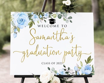 Blue Gold Graduation Party Welcome Sign, Floral Graduation Welcome Sign, Grad Party Sign, Graduation Decorations, Digital file, W1567-1