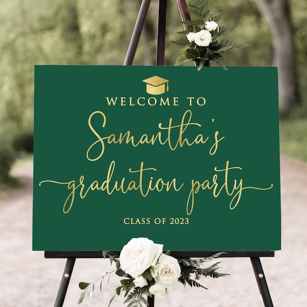 Hunter Green Graduation Party Welcome Sign, Emerald Green Graduation Welcome Sign, Gold Grad Party Sign, Digital file, W1469