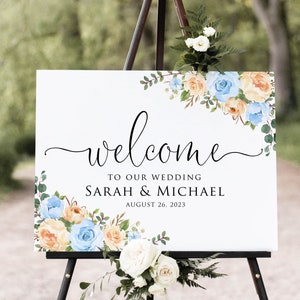 Peach and Blue Wedding Welcome Sign, Peach Blue Wedding Sign, Digital File, W1460-2