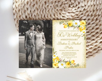 50th Anniversary Invitation, Golden Anniversary Invitation, Invitation with Photo, Daisy and Yellow Rose, W1435-2