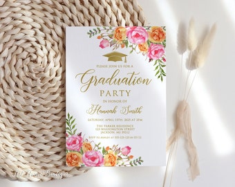 Hot Pink Orange Graduation Invitation, Orange Pink Gold Graduation Invitation, Grad Party Invitation, Graduation Ceremony Invitation, W58-1