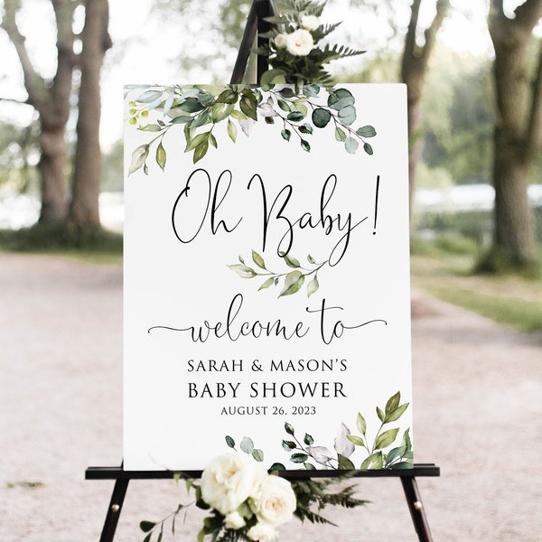 Oh Baby Welcome Sign, Botanical Baby Shower Welcome Sign, Greenery Baby Shower Welcome Sign, Script Baby Shower, Digital file, W1124-4