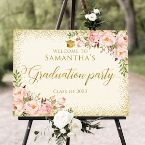 Graduation Party Welcome Sign, Blush Pink Gold Graduation Welcome Sign, Large Welcome Sign, Grad Party Sign, Digital File, W1136