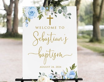 Blue Gold Baptism Welcome Sign, Light Blue Baptism Sign, First Communion Welcome Sign, Boys Baptism Welcome Sign, Digital file, W1567