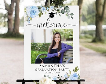 Photo Graduation Party Welcome Sign, Blue Graduation Welcome Sign, Grad Party Sign, Graduation Decorations, Digital file, W1411-3