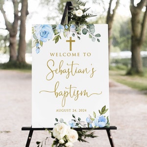 Blue Gold Baptism Welcome Sign, Light Blue Baptism Sign, First Communion Welcome Sign, Boys Baptism Welcome Sign, Digital file, W1567