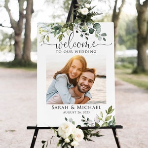 Photo Wedding Welcome Sign, Greenery Wedding Welcome Sign, Welcome Sign With Photo, Digital File, W1124-7
