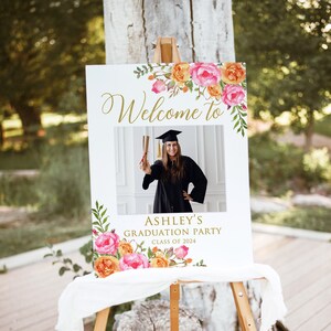 Hot Pink Orange Graduation Welcome Sign, Photo Graduation Party Welcome Sign, Grad Party Sign, Graduation Decor, Digital file, W58-4