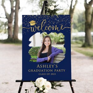 Navy Gold Graduation Welcome Sign, Photo Graduation Party Welcome Sign, Navy Graduation Welcome Sign, Blue Graduation, Digital file, W1416-2