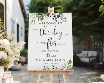 Znak powitalny „The Day After”, znak powitalny „Greenery Wedding Brunch”, brunch po weselu, botaniczny znak powitalny na wesele, plik cyfrowy, W1124-1