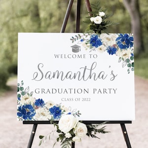 Blue Silver Graduation Party Welcome Sign, Blue Graduation Welcome Sign, Large Welcome Sign, Blue Grad Party Sign, Digital File, W1410-1