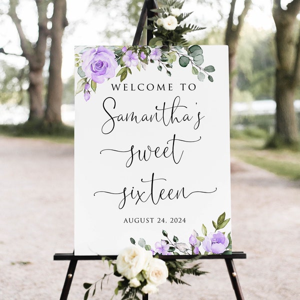 Purple Sweet Sixteen Welcome Sign, Lavender Welcome Sign, Purple Birthday Sign, Welcome to Sweet 16 Birthday, Digital file, W1464-2