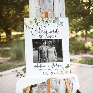 Celebrando 50 ans, plaque de bienvenue anniversaire Daisy, photo de bienvenue Aniversario, 50e anniversaire, plaque de bienvenue espagnole, fichier numérique, W1551-8