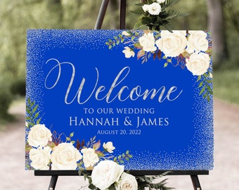 Royal Blue Silver Wedding Welcome Sign, Blue and Silver Wedding Sign, Floral Welcome Sign, White Flowers, Digital file, W1247