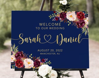 Navy Gold Wedding Welcome Sign, Navy Marsala Welcome Wedding Sign, Digital file, W1114