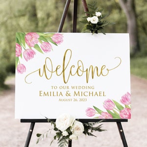 Panneau de bienvenue de mariage de tulipes roses, panneau de bienvenue de mariage de printemps, décoration de mariage de printemps, fichier numérique, W1132