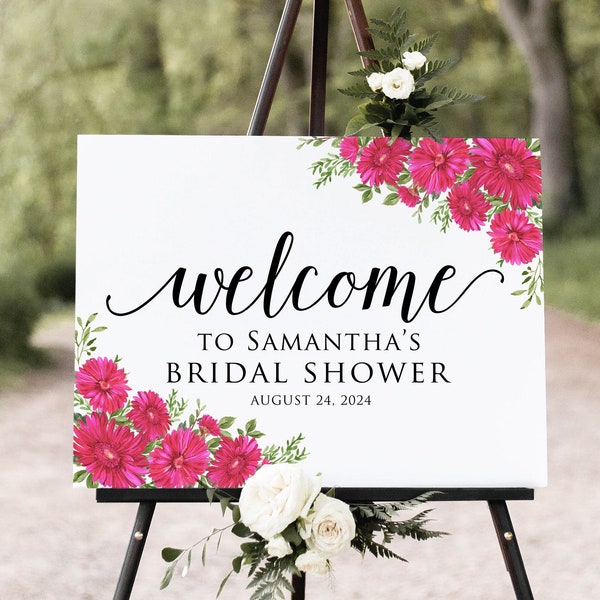 Hot Pink Daisy Bridal Shower Welcome Sign, Hot Pink Gerbera Bridal Shower Welcome Sign, Pink Welcome Sign, Daisies Bridal Shower Sign, W1547