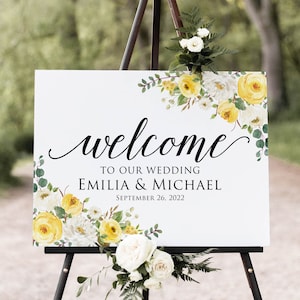 Yellow Wedding Welcome Sign, White and Yellow Floral Wedding Welcome Sign, Yellow and White Flowers, Digital file, W1134