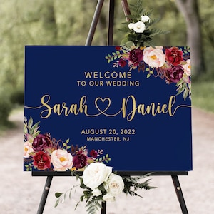 Navy Gold Wedding Welcome Sign, Navy Marsala Welcome Wedding Sign, Digital file, W1114