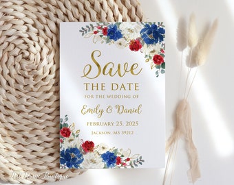 Może przedstawiać: Karta "Save the Date" z kwiatowym wzorem w odcieniach czerwieni, bieli i błękitu. Tekst głosi "Save the Date" złotymi literami, po czym następuje "For the Wedding of Emily & Daniel", "February 25, 2025", i "Jackson, MS 39212".
