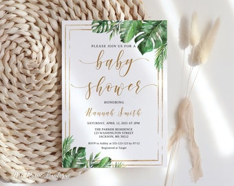 May include: A white baby shower invitation with gold trim and green tropical leaves. The text reads "Please join us for a baby shower honoring Hannah Smith. Saturday, April 12, 2025 at 2PM. The Parker Residence, 123 Washington Street, Jackson, MS 39212. RSVP to Ashley at 555-123-123 by 07/12. Registered at Target."