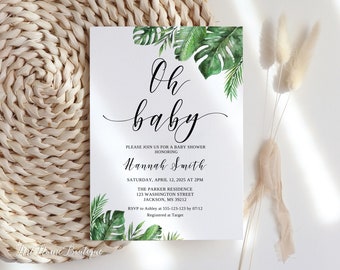 May include: A white baby shower invitation with green tropical leaves and the text "Oh baby" in black cursive font. The invitation includes the name "Hannah Smith", the date "Saturday, April 12, 2025 at 2PM", the location "The Parker Residence, 123 Washington Street, Jackson, MS 39212", and RSVP information.