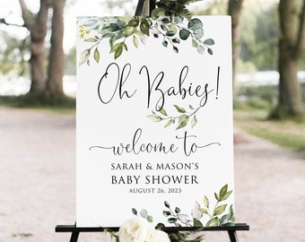 Oh Babies Welcome Sign, Twins Baby Shower Welcome Sign, Greenery Baby Shower Welcome Sign, Boy and Girl Baby Shower, Digital file, W1124-6