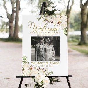 Photo Anniversary Welcome sign, 50th Anniversary Welcome Sign, 50th Anniversary Decoration, Golden Anniversary Sign, White Flowers, W950-2