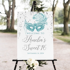 Teal Silver Masquerade Party Welcome Sign, Sweet 16 Welcome Sign, Turquoise Masquerade Birthday Welcome, Masquerade Ball, Mardi Gras, W1552