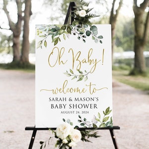 Oh Baby Welcome Sign, Botanical Baby Shower Welcome Sign, Greenery Gold Baby Shower Welcome Sign, Script Baby Shower, Digital file, W1128-4