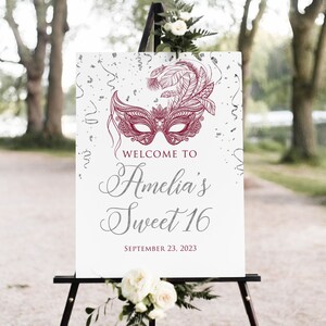 Burgundy Silver Masquerade Party Welcome Sign, Sweet 16 Welcome Sign, Masquerade Birthday Welcome, Masquerade Ball, Mardi Gras Party,  W1480