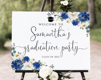 Blue Graduation Party Welcome Sign, Blue Graduation Welcome Sign, Grad Party Sign, Graduation Decorations, Blue Flowers, Digital file, W1427