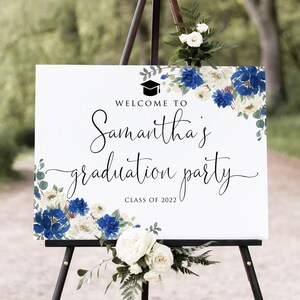 Blue Graduation Party Welcome Sign, Blue Graduation Welcome Sign, Grad Party Sign, Graduation Decorations, Blue Flowers, Digital file, W1427