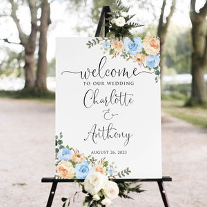 Peach and Blue Wedding Welcome Sign, Peach Blue Wedding Sign, Digital File, W1460-1