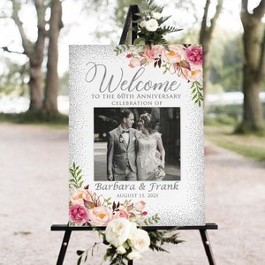 60th Anniversary Welcome Sign, Photo Anniversary Welcome Sign, Wedding Anniversary Sign, Pink and Gold, W279-3