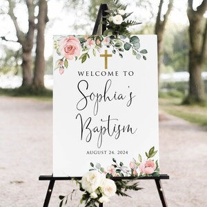 Pink Baptism Welcome Sign, Light Pink Baptism Sign, First Communion Welcome Sign, Girl Baptism Sign, Digital file, W1268