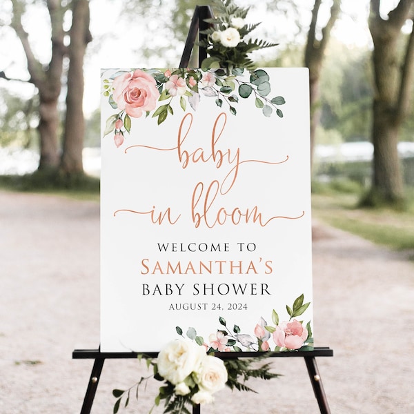 Rose Gold Baby in Bloom Welcome Sign, Blush Pink Baby Shower Welcome Sign, Pink Gold Baby Shower Welcome Sign, Digital file, W1297-1