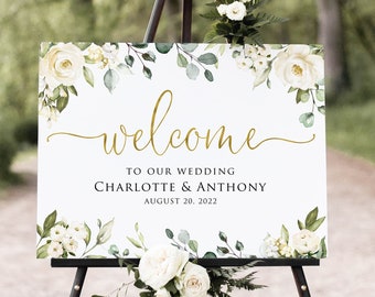 Greenery Gold Wedding Welcome Sign, Botanical Wedding Welcome Sign, Ivory Flowers, Faux Gold Foil, Digital File, W1232-1