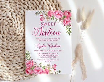 Hot Pink Sweet 16 Birthday Invitation, Sweet Sixteen Birthday Invitation, Hot Pink Birthday Invitation, W1425