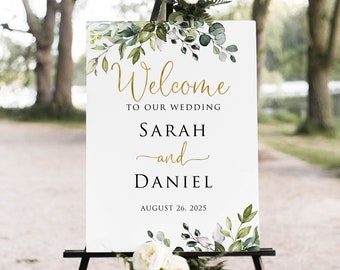 Greenery Gold Wedding Welcome Sign, Botanical Wedding Welcome Sign, Eucalyptus Wedding Sign, Faux Gold Foil, Digital File, W1128-5