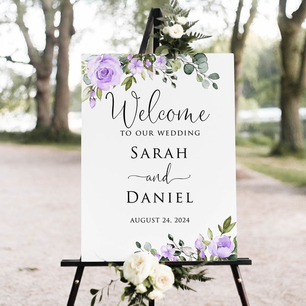 Purple Welcome Sign, Purple Wedding Welcome Sign, Floral Wedding Welcome Sign, Purple Flowers, Digital File, W1464-1