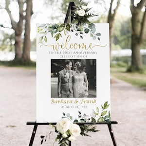 Greenery Photo Anniversary Welcome sign, 50th Anniversary Welcome Sign, 50th Anniversary Decoration, Gold Anniversary, Digital File, W1128-3