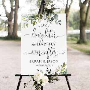 Love, Laughter & Happily Ever After Sign, Greenery Wedding Welcome Sign, Botanical Wedding Sign, Digital file, W1124-2