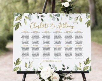 Greenery Gold Seating Chart, Botanical Wedding Seating Chart, Greenery Wedding Table Plan, Find Your Seat, Digital file, W1128