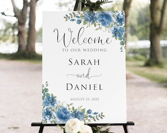 Panneau de bienvenue de mariage floral bleu poussiéreux imprimé ou numérique, W272-1
