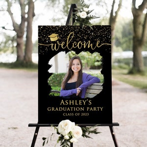 Black Gold Graduation Welcome Sign, Photo Graduation Party Welcome Sign, Black Graduation Welcome Sign, Digital file, W1542-2