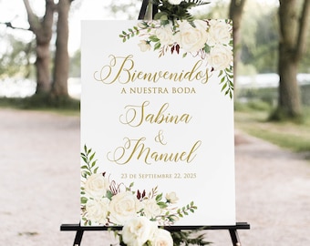 Bienvenidos a Nuestra Boda, Spanish Welcome Sign, Gold Wedding Welcome Sign, Floral Welcome Wedding Sign, Digital File, W950-2