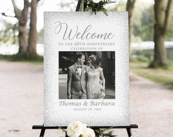 60th Anniversary Welcome Sign, Photo Anniversary Welcome Sign, Silver Anniversary Sign, 60th Wedding Sign, Silver Welcome Sign, W894A