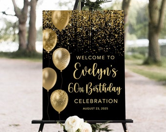 60th Birthday Welcome Sign, Black and Gold Birthday Welcome Sign, Balloons Birthday Sign, 60th Birthday Sign, Printable Sign W1544-4